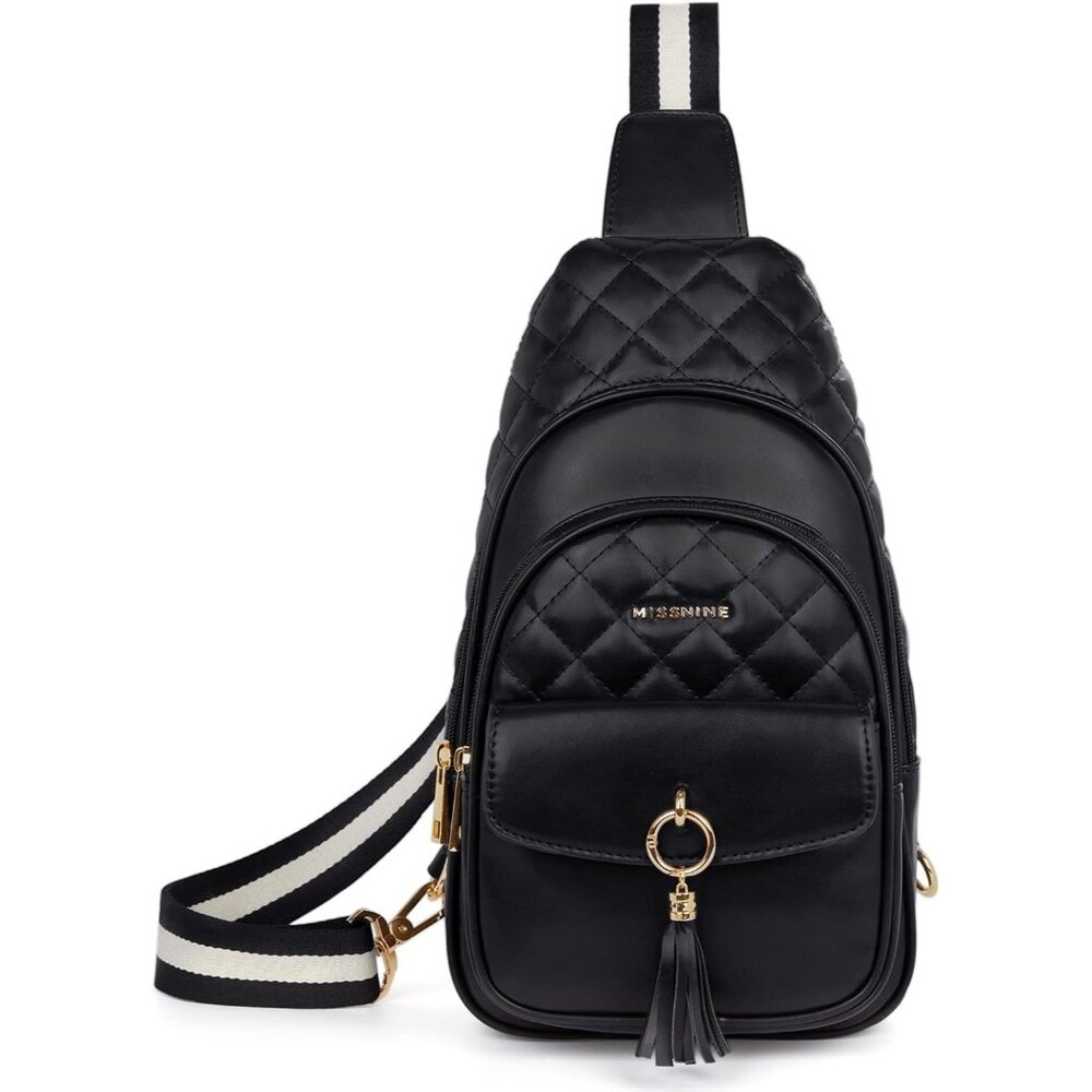 New Black PU Leather Sling Bag, Quilted Crossbody Travel Bag with Tassel